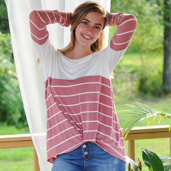 Vine & Love Pink Striped Twist Front Tee S M L - Picture 5 of 11